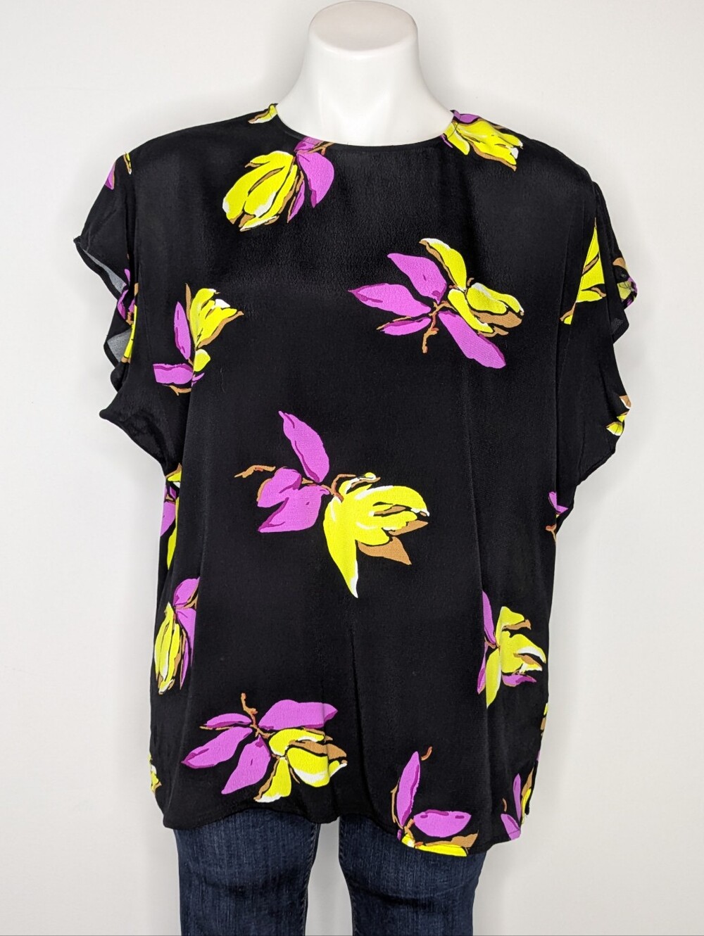 Essential Antwerp Cuddle Black Yellow Purple Floral Blouse 10